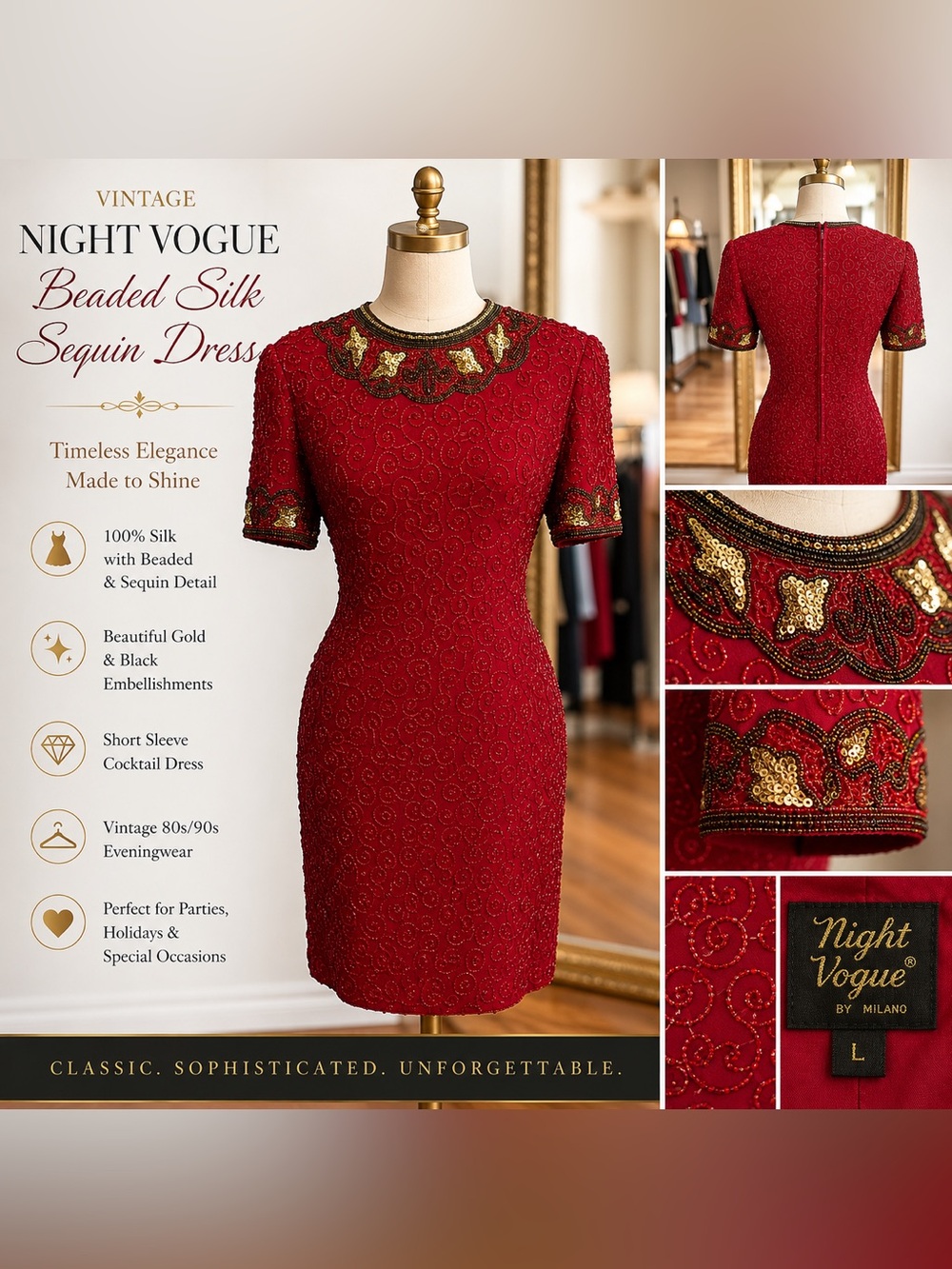 Vintage Night Vogue Red Silk Beaded Sequin Dress L Short Sleeve Party Cocktail